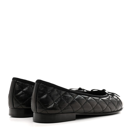 Chanel Aged Calfskin Quilted CC Cap Toe Ballerina Flats 37.5 Black 5 of 10