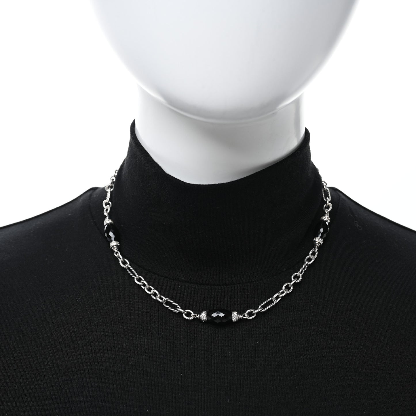 Sterling Silver Diamond Black Onyx Figaro Chain Necklace