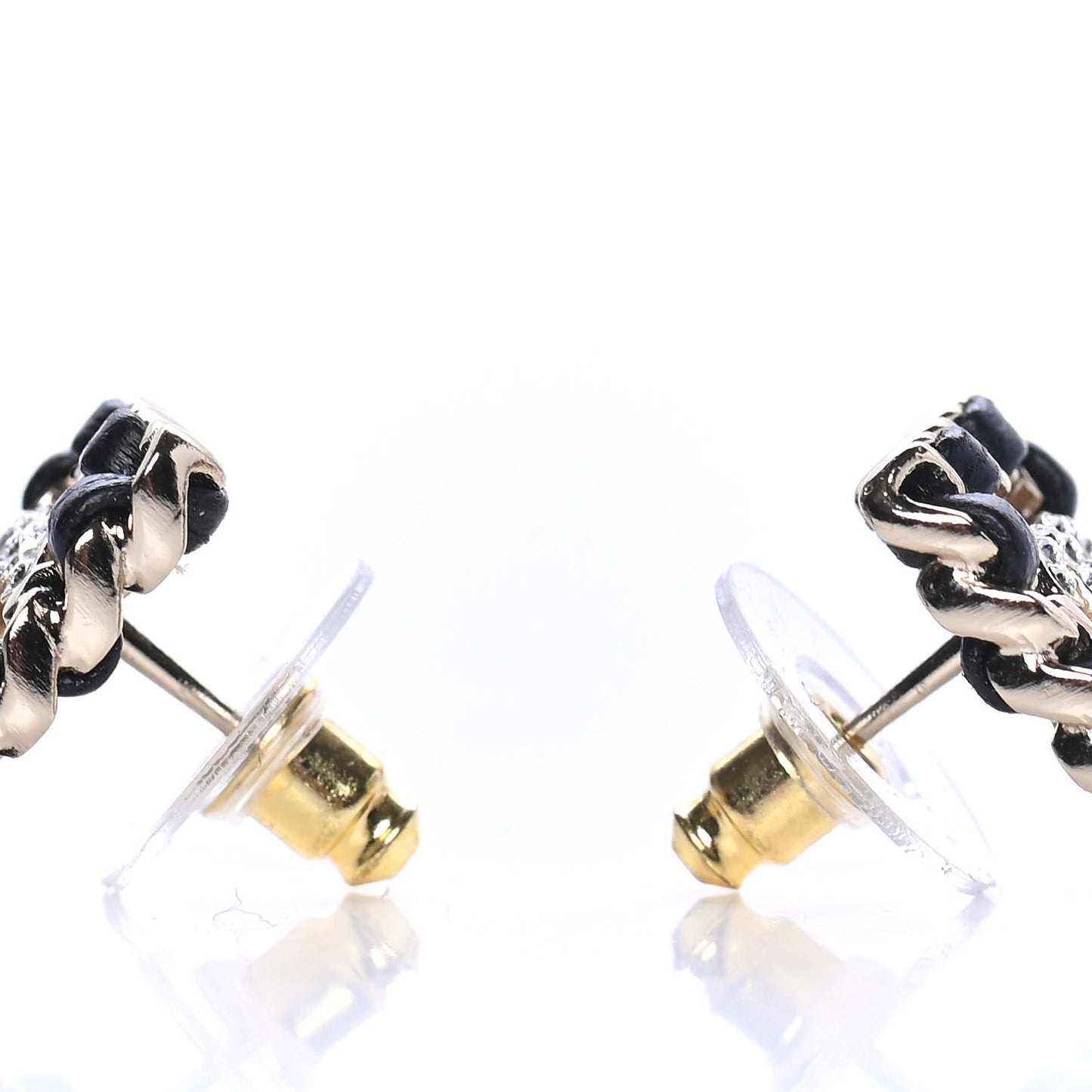 Crystal Lambskin Chain Sergeant Chanel Stud Earrings Black Gold