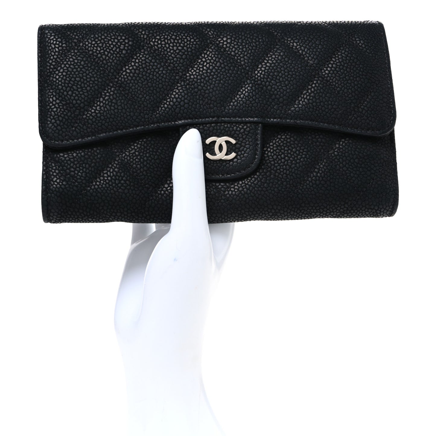 Iridescent Caviar Quilted Large Flap Wallet  Black