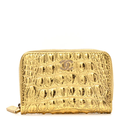 Chanel Metallic Calfskin Crocodile Embossed Cocodile Zip Coin Case Gold 1 of 7