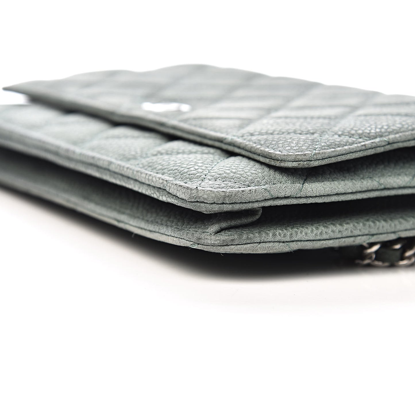 Iridescent Caviar Quilted Wallet On Chain WOC Green