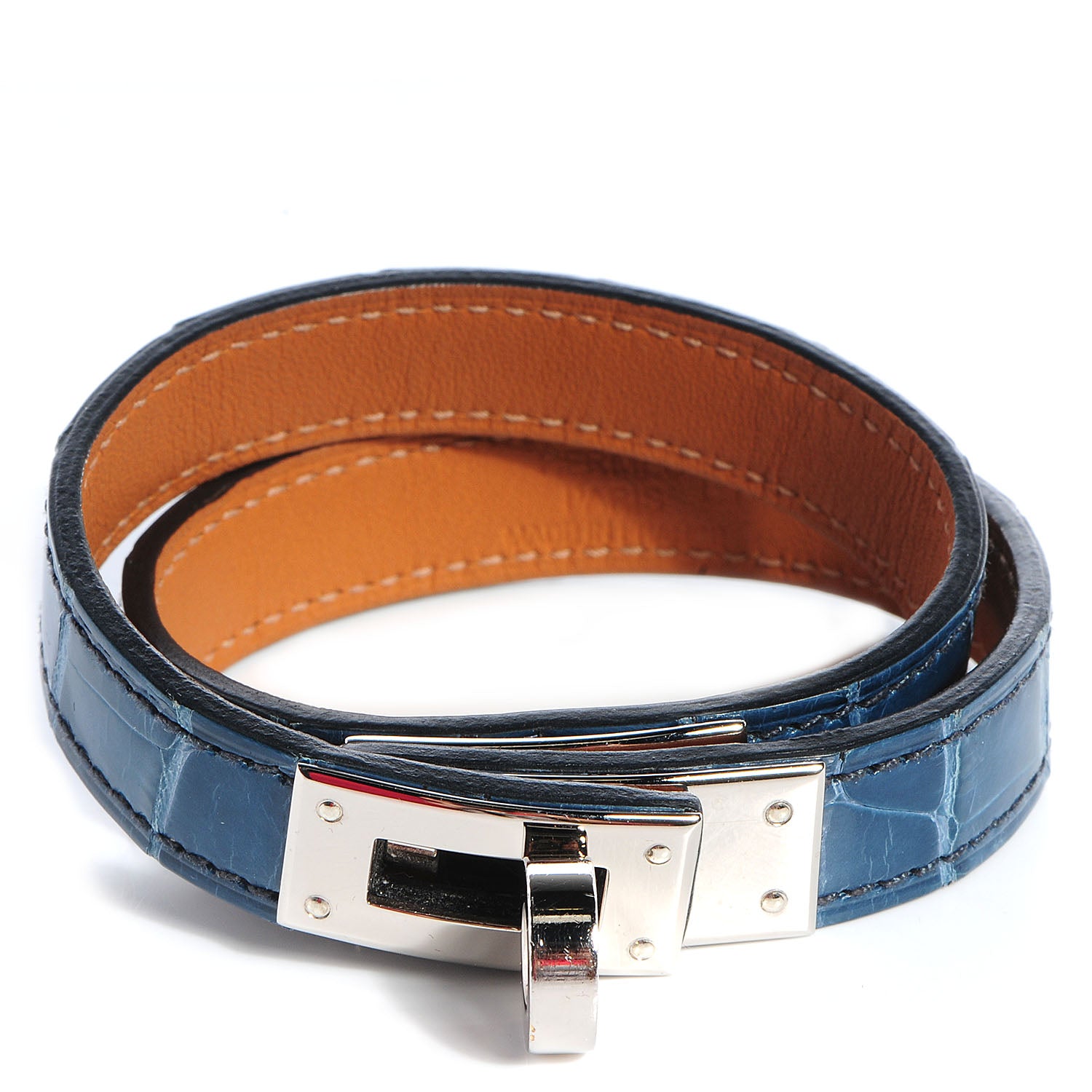 Hermes Shiny Alligator Kelly Double Tour Bracelet Small Blue Jean 1 of 7