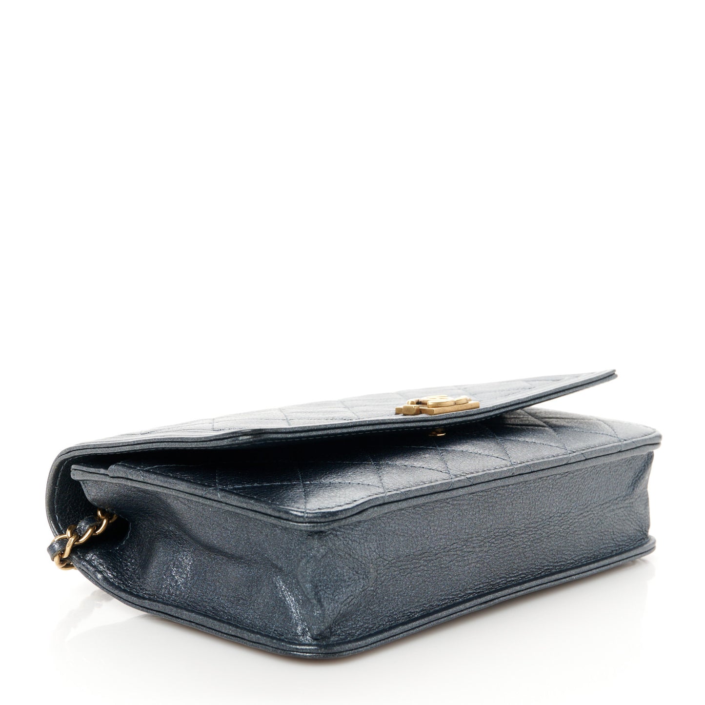 Metallic Calfskin Quilted Boy Wallet On Chain WOC Navy Blue