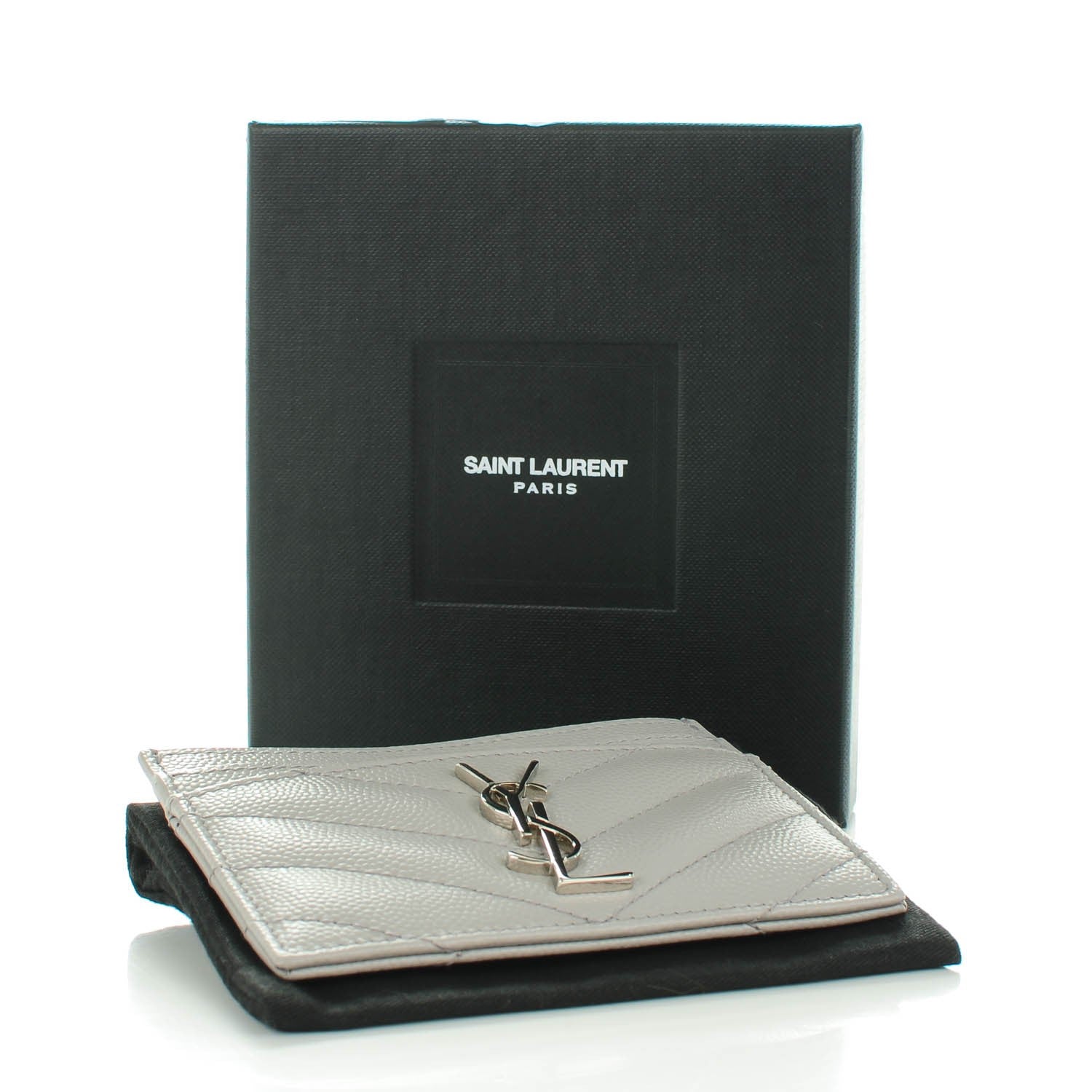 Saint Laurent Grain De Poudre Matelasse Chevron Card Case Light Grey 4 of 7
