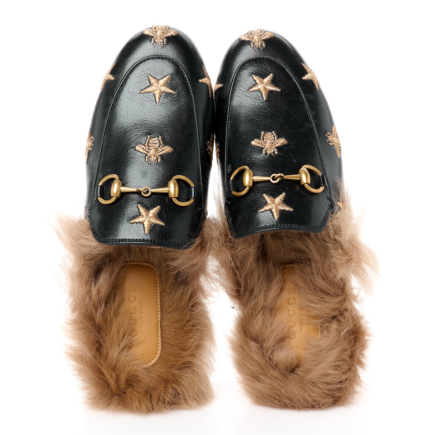 Gucci Goatskin Fur Bee Star Embroidered Womens Princetown Slippers