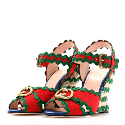 Gucci Kid Scamosciato Interlocking G Wavy Colorblock Wedge Sandals 38 Hibiscus Red Emerald 3 of 9