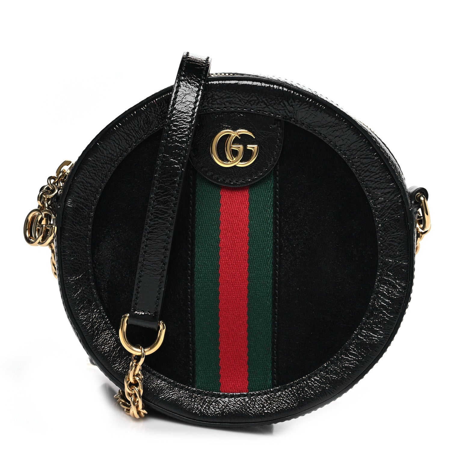 Gucci Suede Patent Web Mini Ophidia Round Shoulder Bag Black 1 of 10