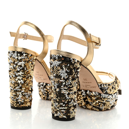 Jimmy Choo Sequin Peachy Peep Toe Platform Pumps 35 Silver Gold 4 of 7