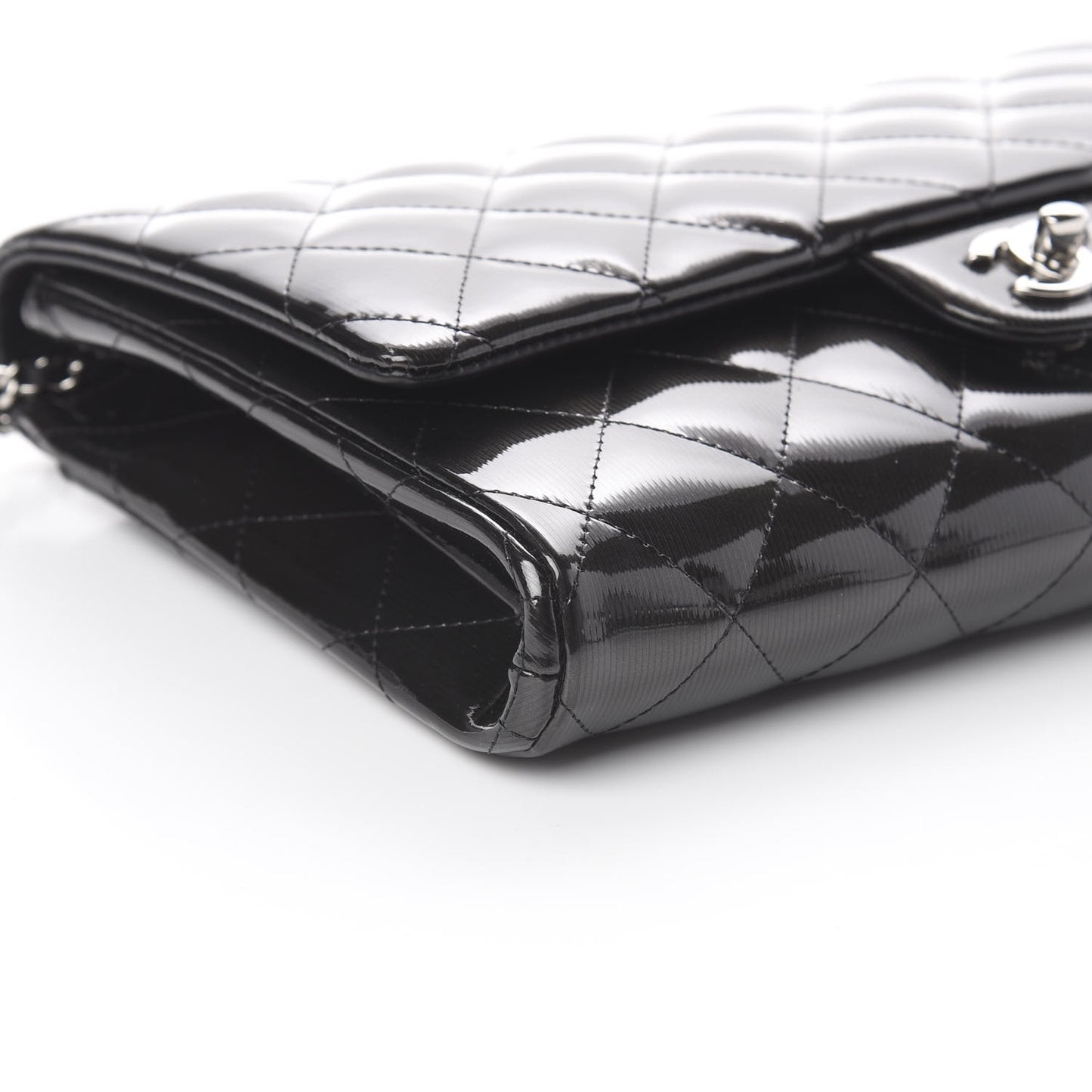 Striated Patent Quilted Clutch With Chain Flap Black