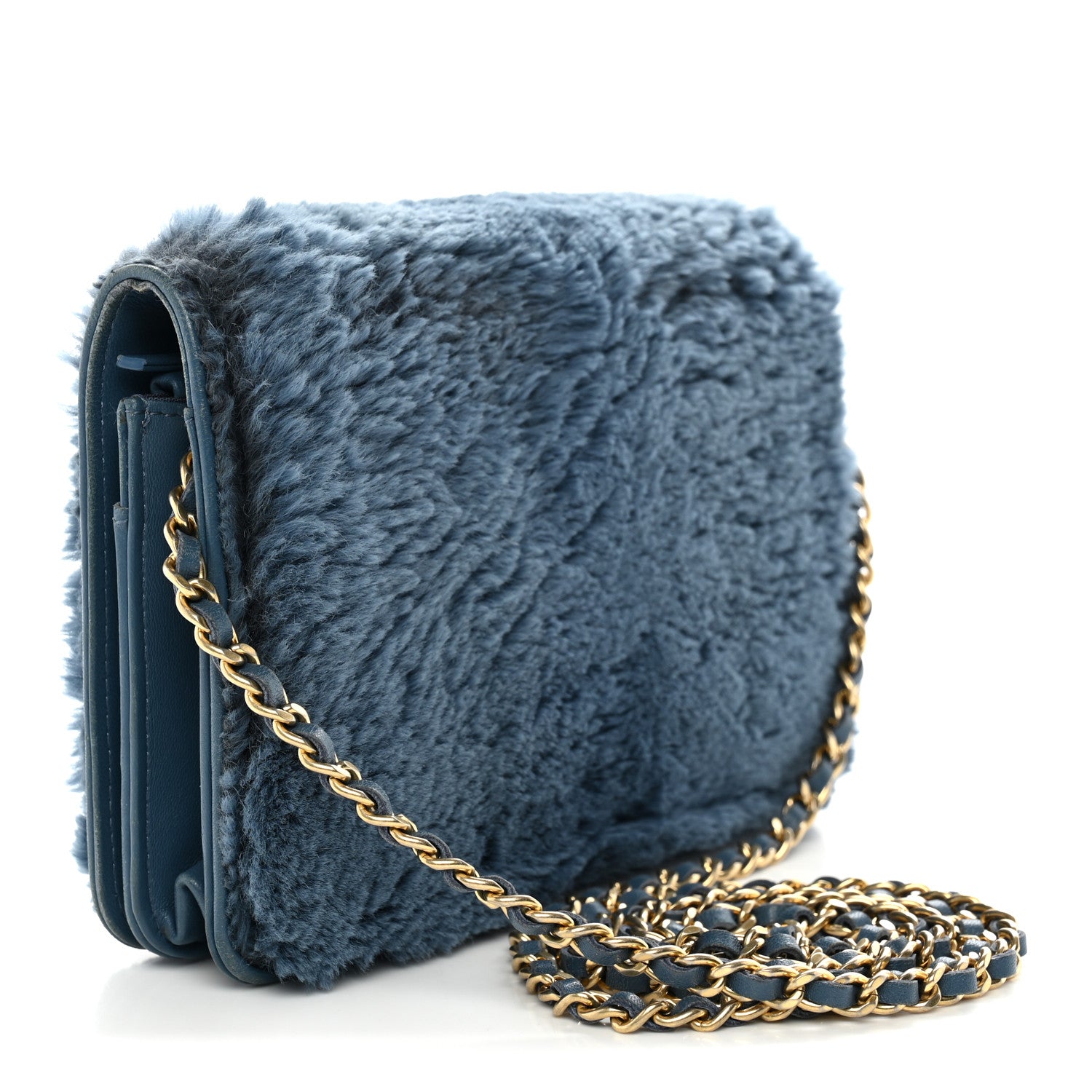 Chanel Rabbit Fur Wallet On Chain WOC Blue 3 of 12