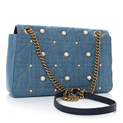 Gucci Kura Denim Matelasse Cubic Pearl Studded Medium GG Marmont Shoulder Bag Blue 2 of 4