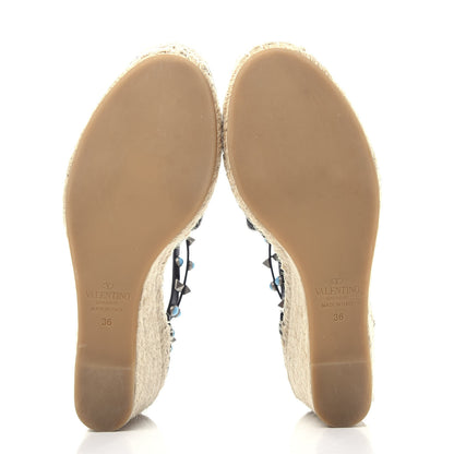 Valentino Garavani Grained Calfskin Turquoise Rockstud Rolling Ankle Wrap Espadrille 15/85mm Wedges 36 Black 6 of 12