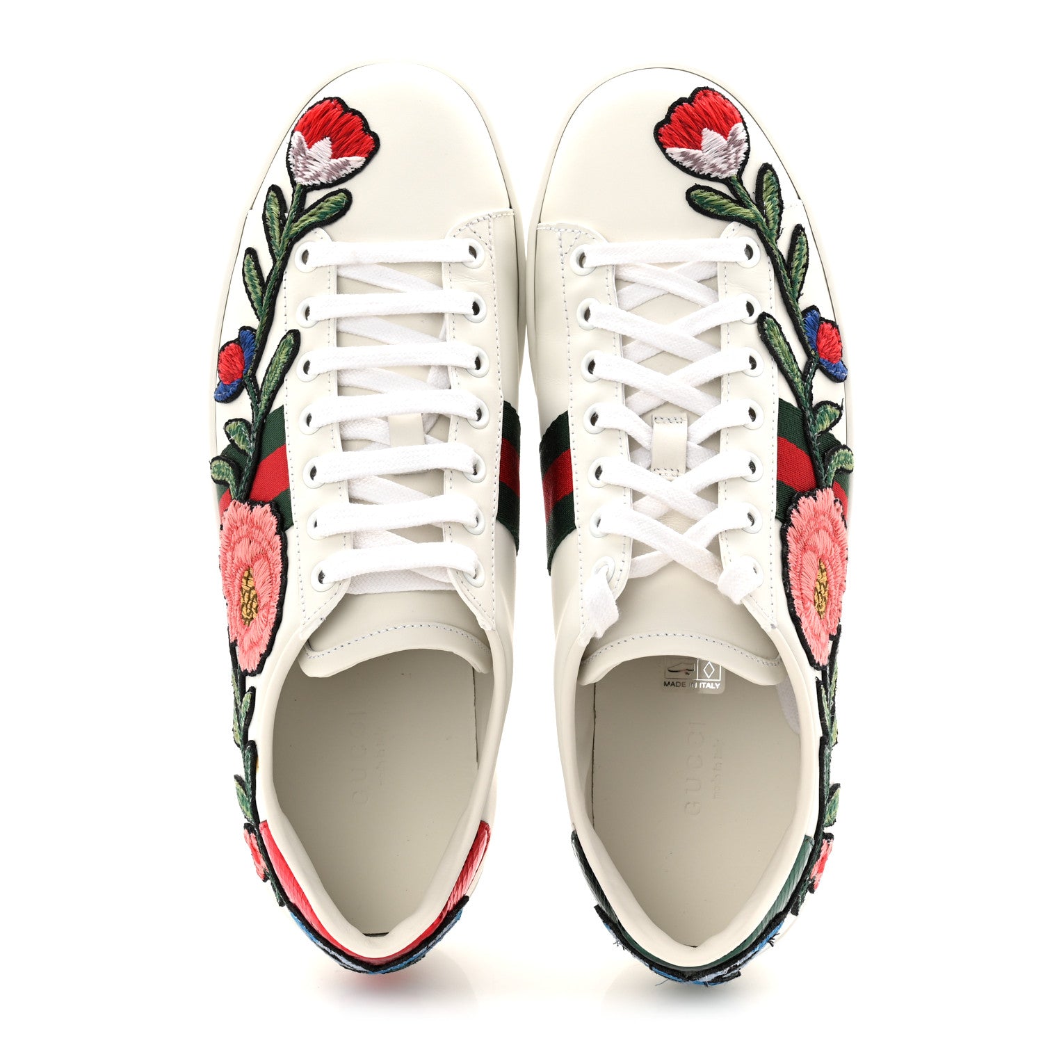 Gucci Calfskin Web Floral Embroidered Womens Ace Sneakers 39 White