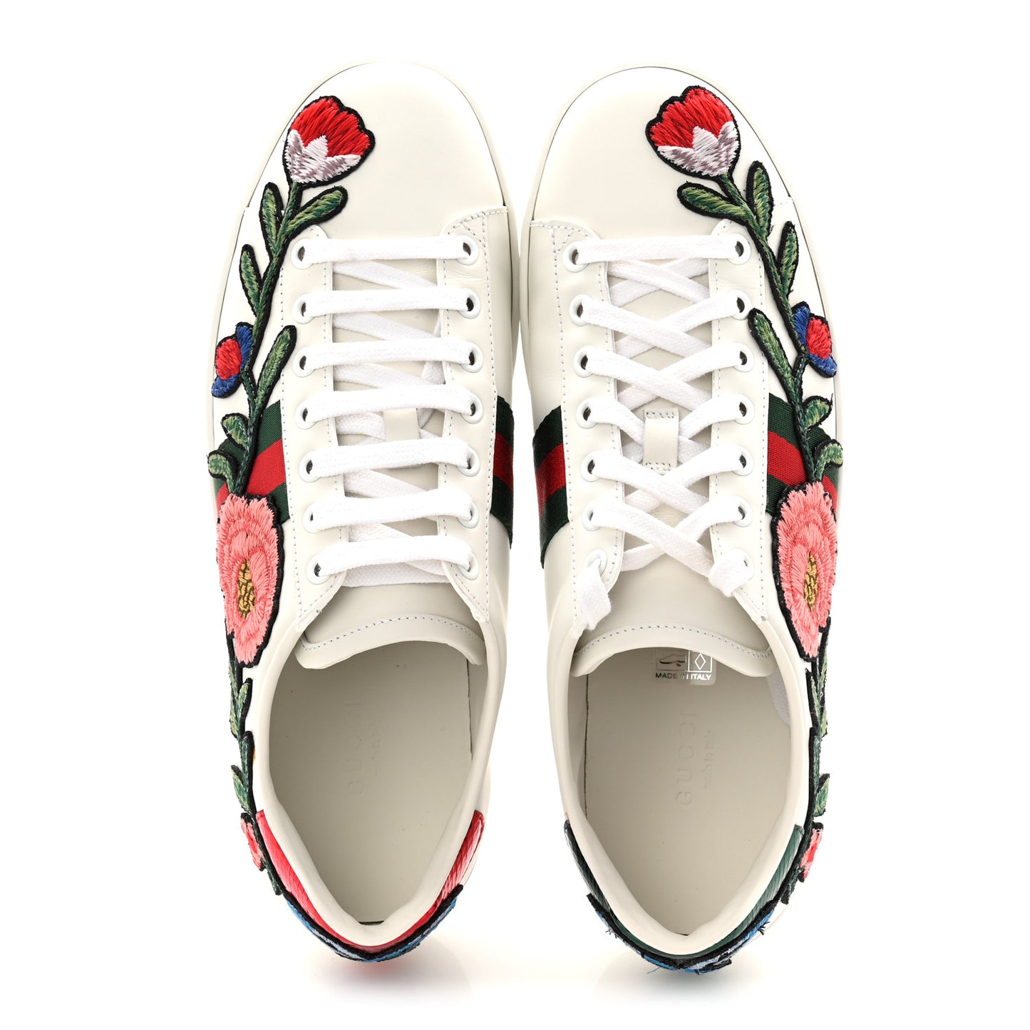 Calfskin Web Floral Embroidered Womens Ace Sneakers 39 White