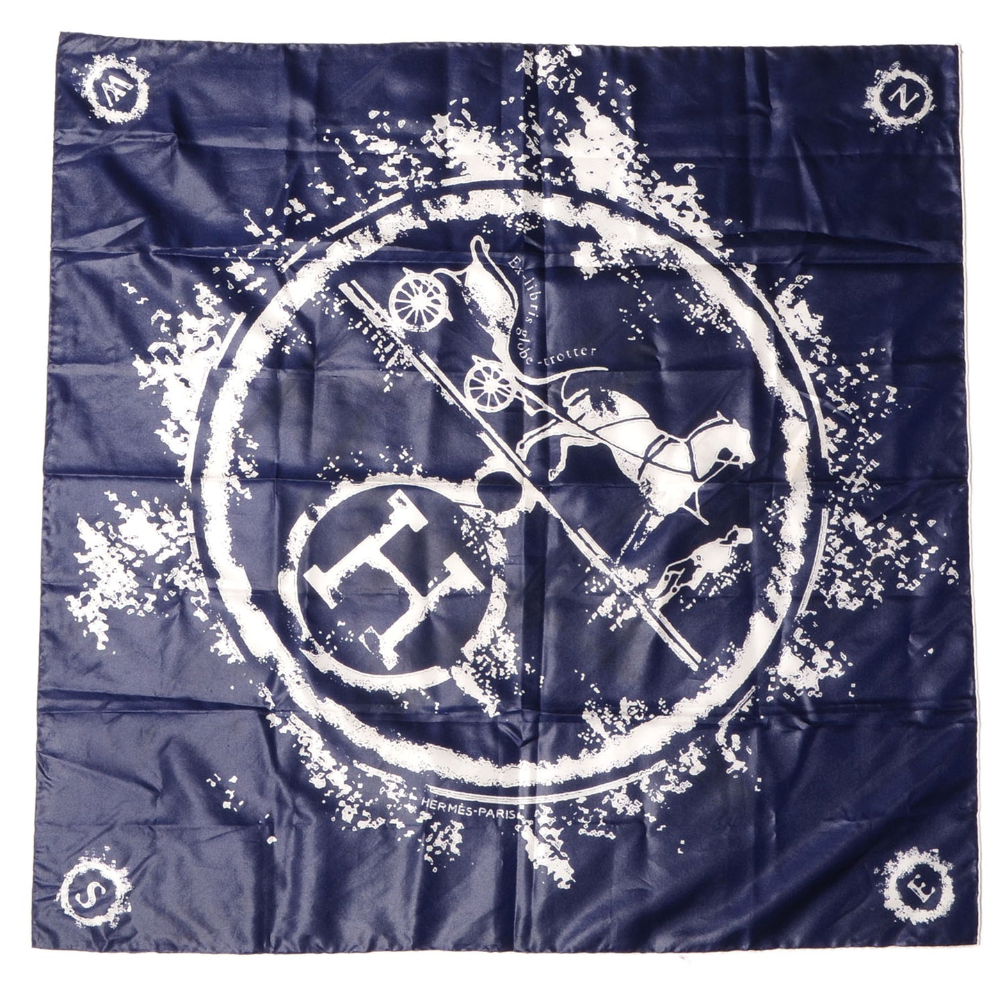 Silk Ex-Libris Globe Trotter Scarf 70 Navy