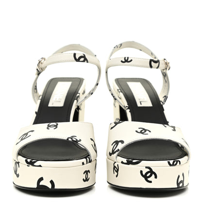 Chanel Printed Lambskin Coco Beach Platform Sandals 39 White Black 2 of 9