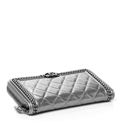 Chanel Metallic Calfskin Quilted Boy Chain Large Gusset Zip Around Wallet Silver 3 of 4