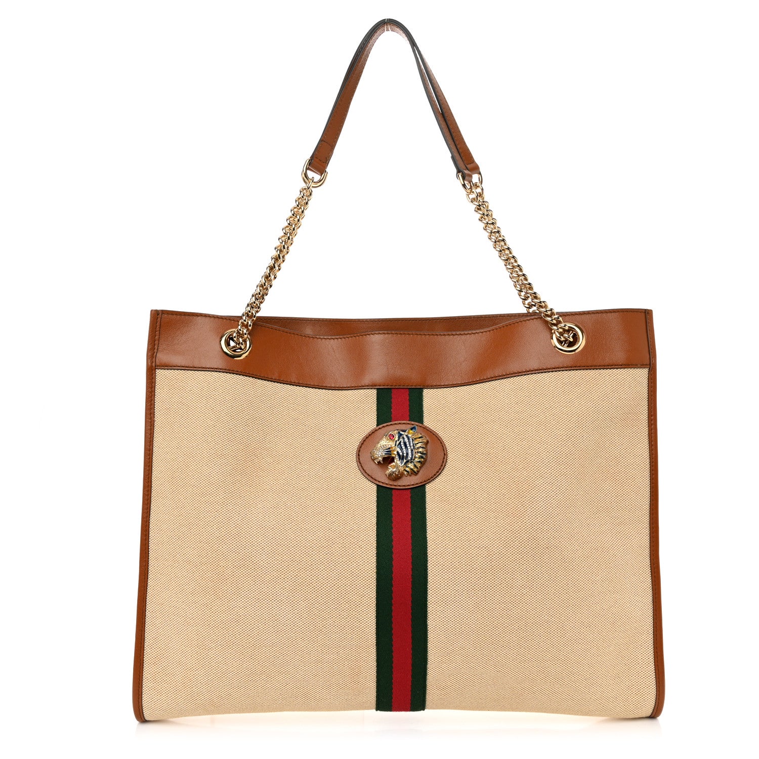 Gucci Vintage Canvas Calfskin Web Large Rajah Chain Tote Sand Light Cuir 1 of 11