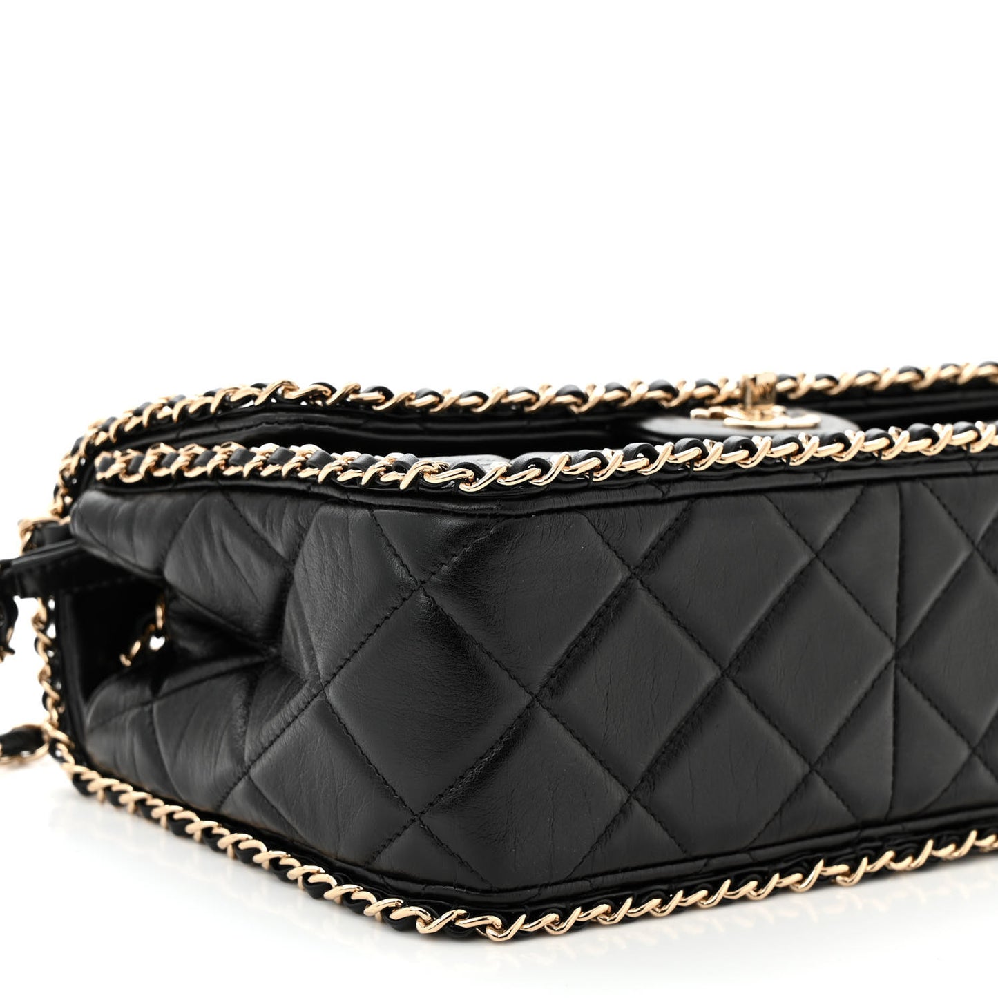 Crumpled Calfskin Medium Chain All Over Flap Black