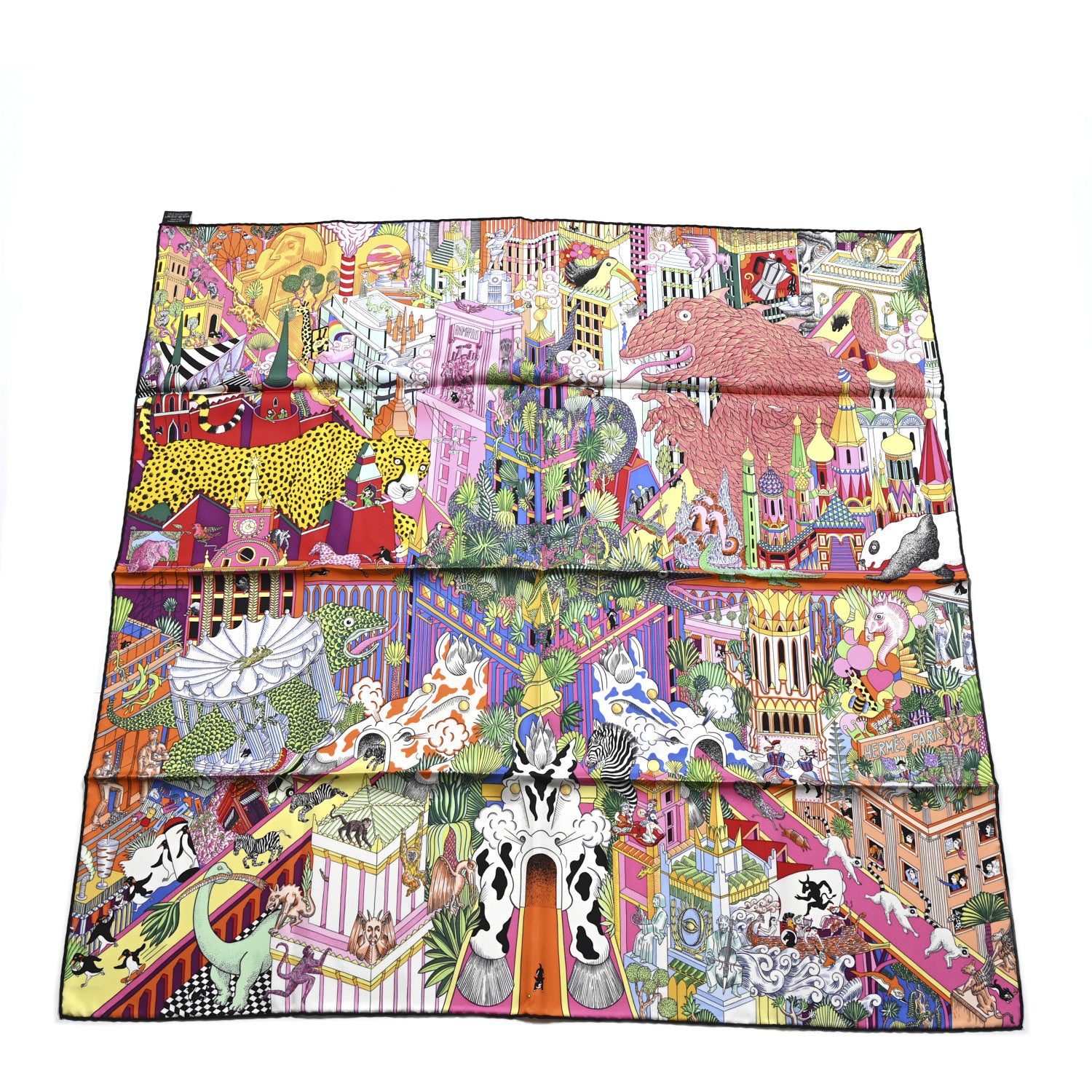 Hermes Silk Animapolis Scarf 90 Jaune Vif Vert Rose 1 of 5