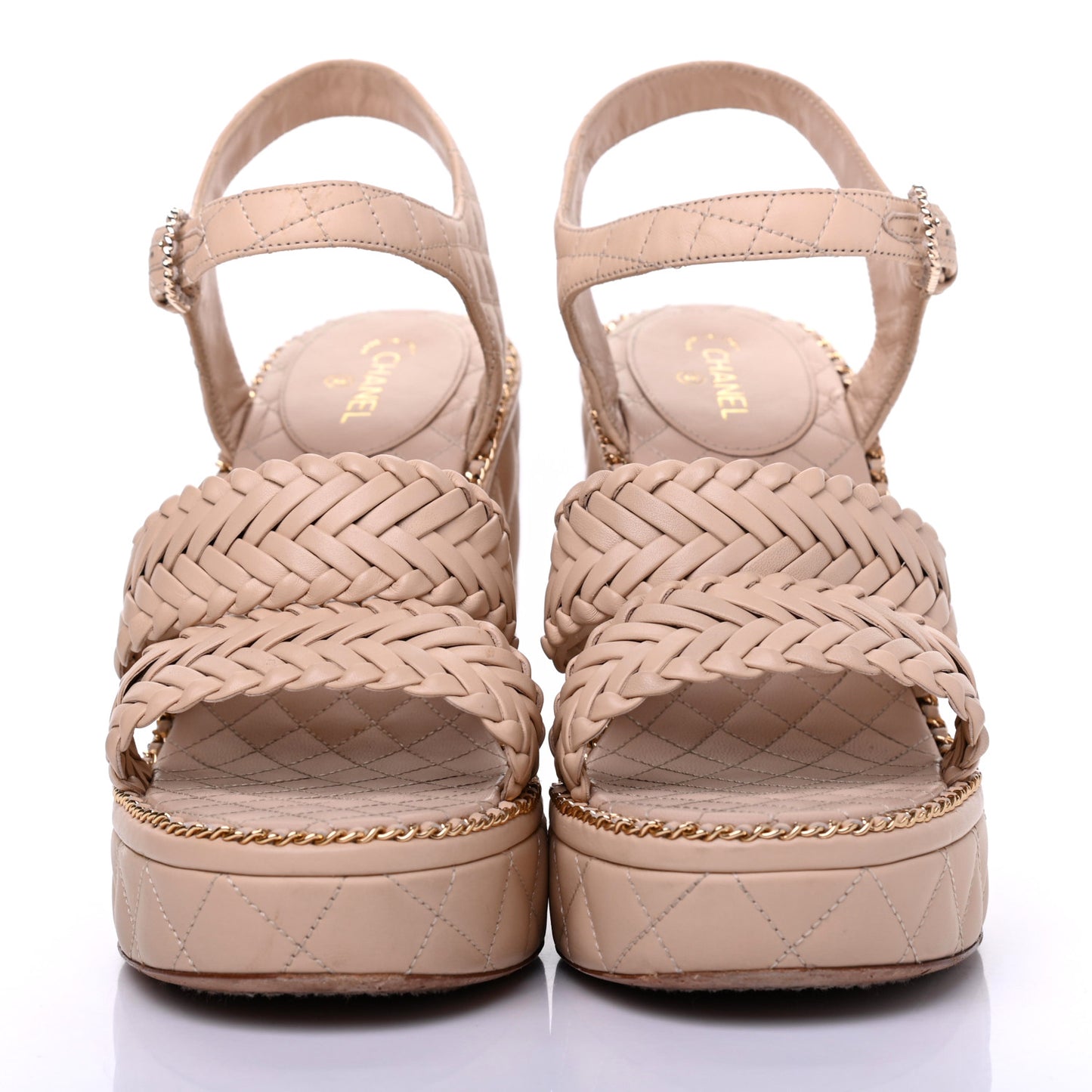 Calfskin Quilted Chain Around Wedge Sandals 41 Light Beige