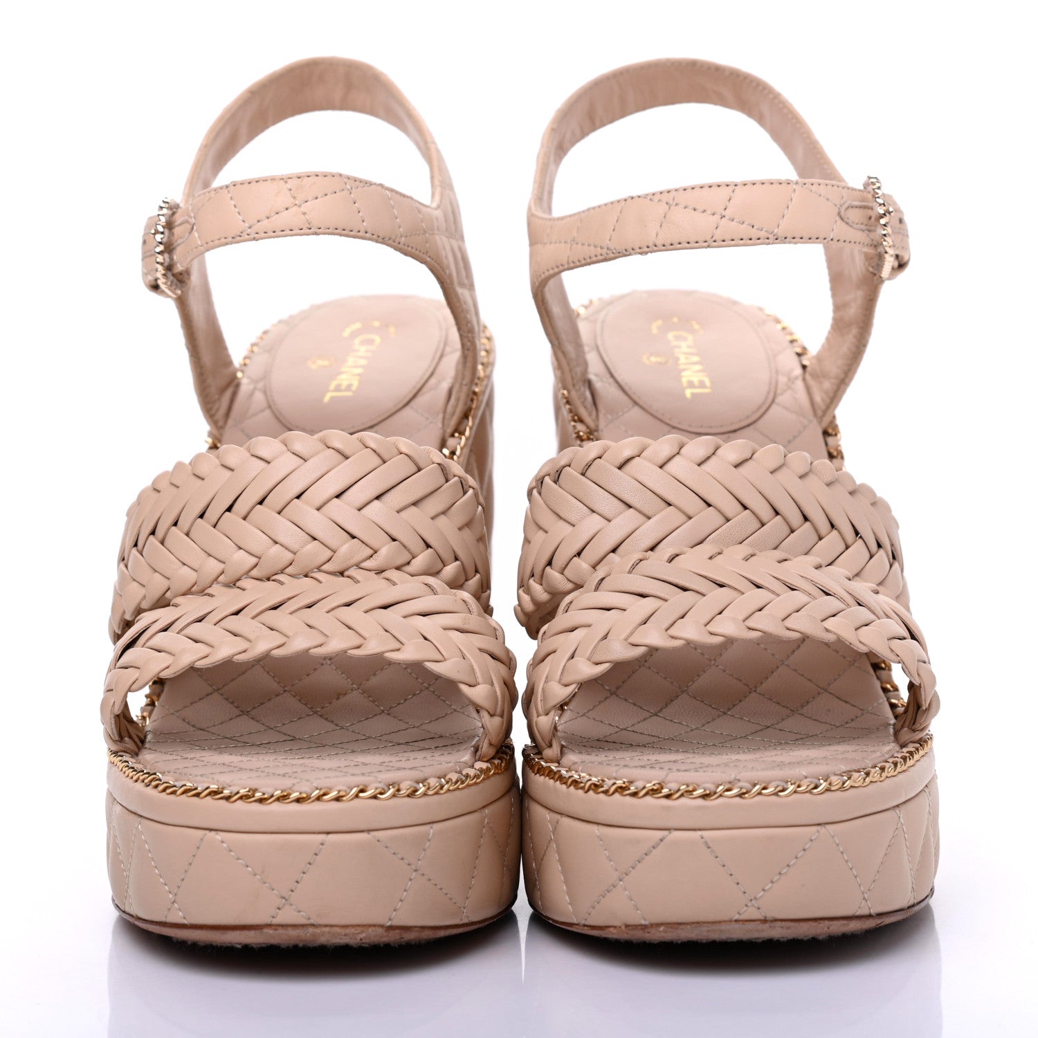 Chanel Calfskin Quilted Chain Around Wedge Sandals 41 Light Beige 2 of 19
