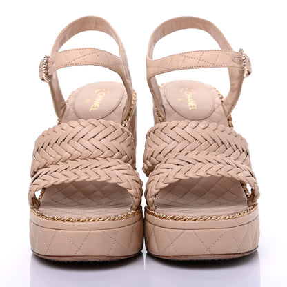 Chanel Calfskin Quilted Chain Around Wedge Sandals 41 Light Beige 2 of 19