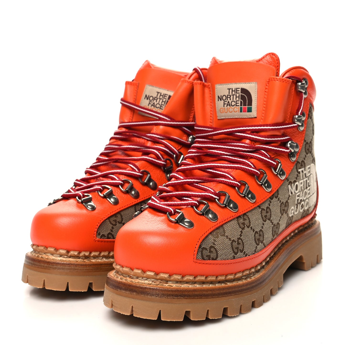X THE NORTH FACE Monogram Textured Calfskin Hiking Ankle Boots 38.5 Beige Ebony Deep Orange