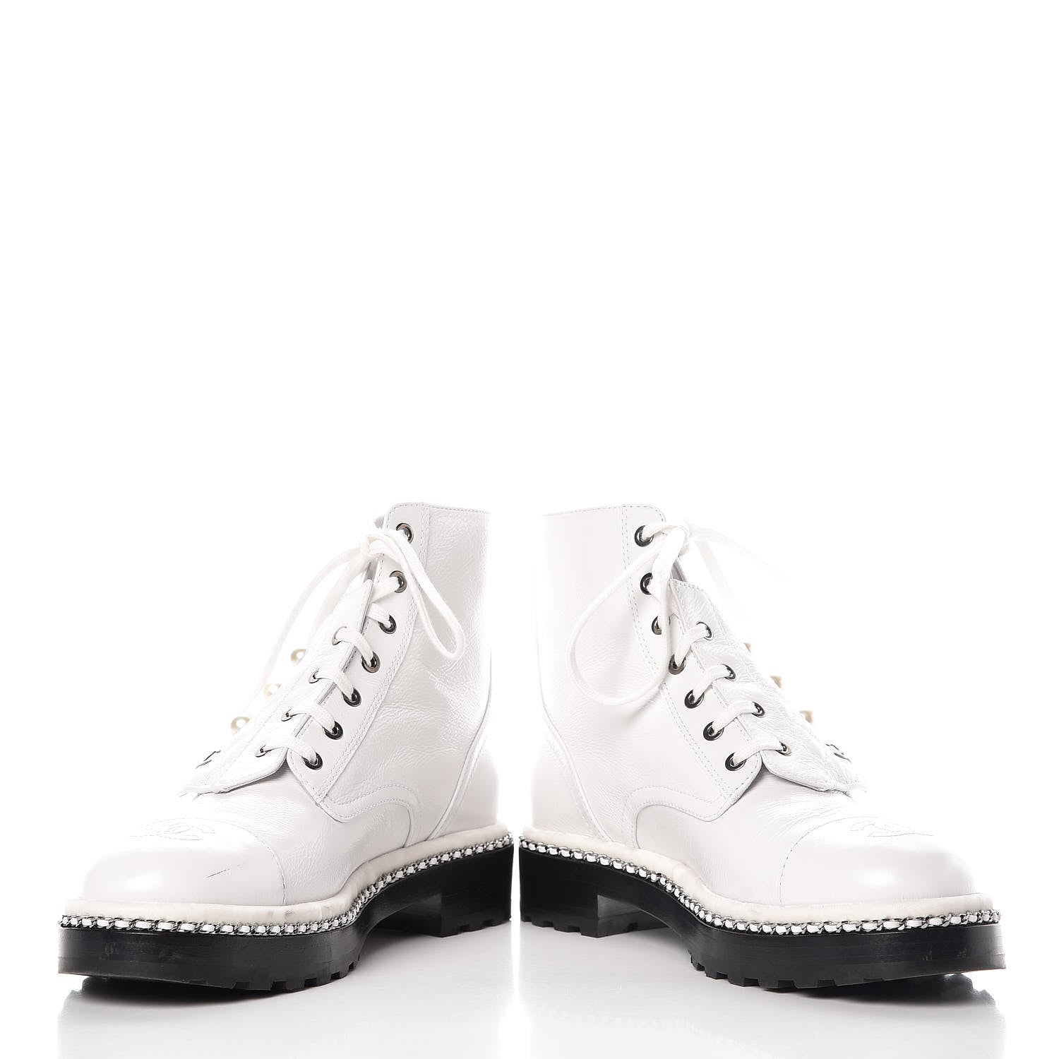 Chanel Crackled Calfskin Pearl Chain CC Combat Short Boots 40 White 5 of 16