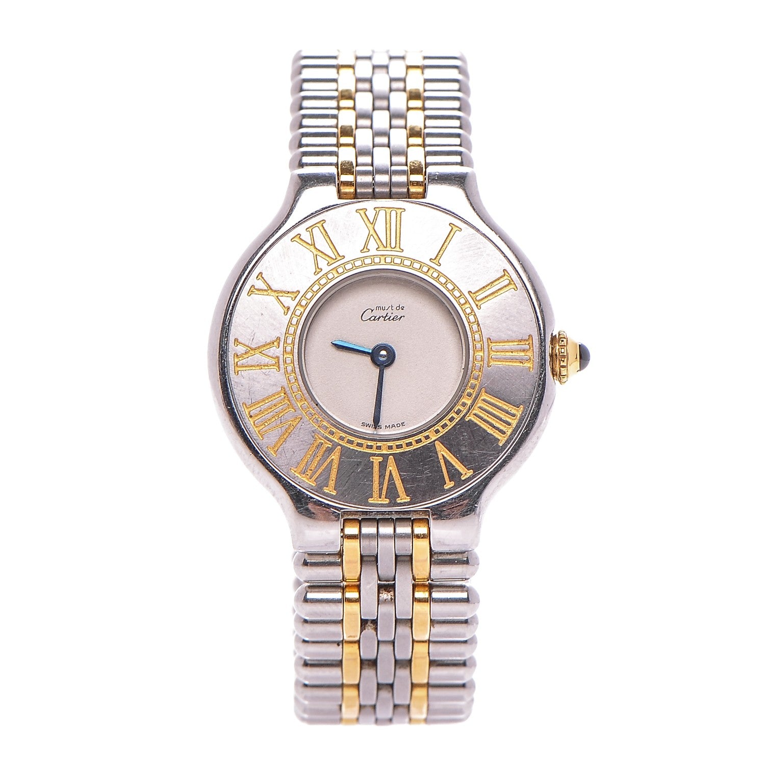 Cartier Stainless Steel 18K Yellow Gold 28mm Must De 21 Bullet Link Quartz Watch 1 of 5
