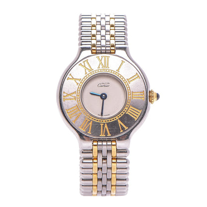 Cartier Stainless Steel 18K Yellow Gold 28mm Must De 21 Bullet Link Quartz Watch 1 of 5