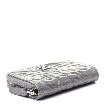 Chanel Goatskin Camellia Embossed Zip Coin Purse Silver 8 of 20