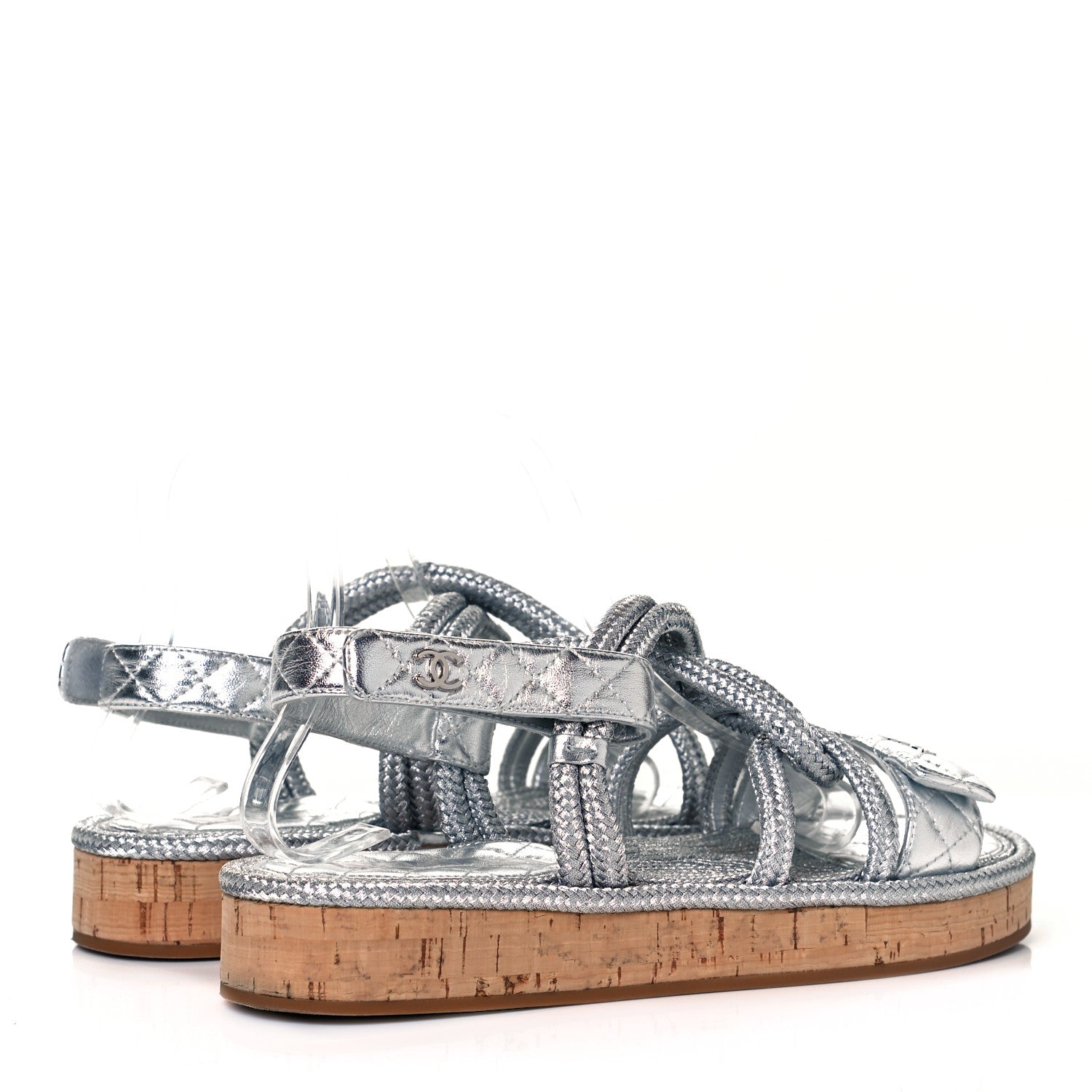 Chanel Metallic Cord Lambskin Quilted Logo Sandals 40 Silver 4 of 7