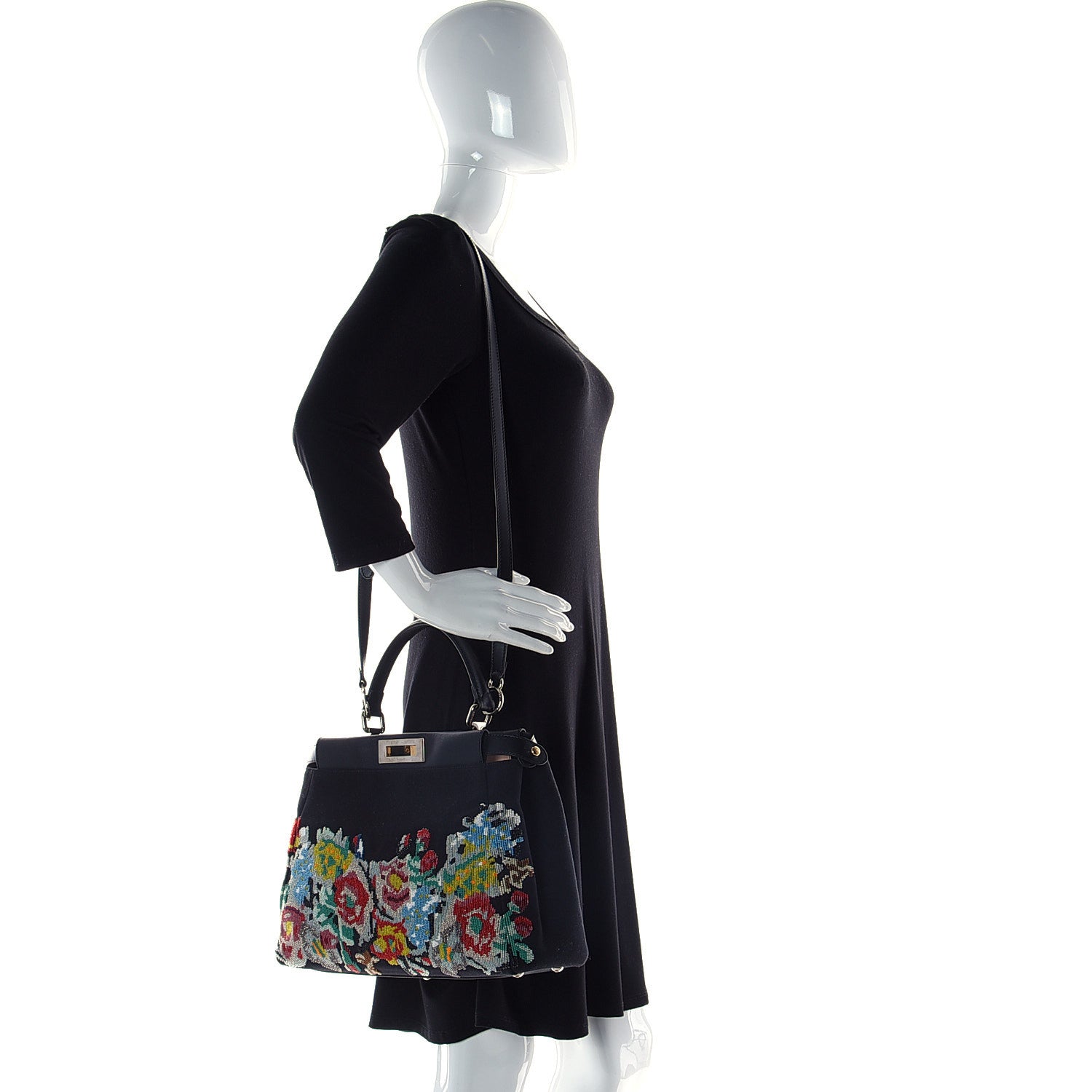 Fendi Canvas Beaded Floral Medium Peekaboo Iconic Satchel Black 2 of 14