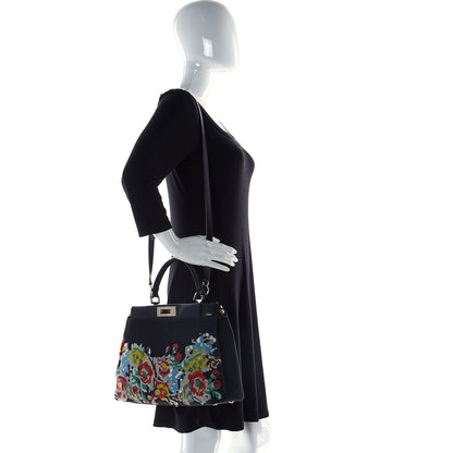 Fendi Canvas Beaded Floral Medium Peekaboo Iconic Satchel Black 2 of 14