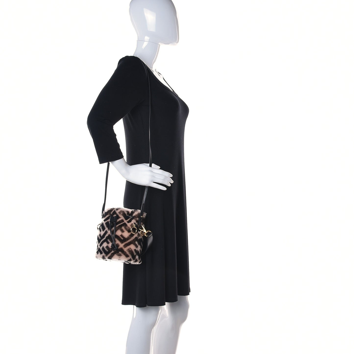 Shearling F is Fendi Macro FF 1974 Diagonal Mini Mon Tresor Bucket Bag Light Rose Black