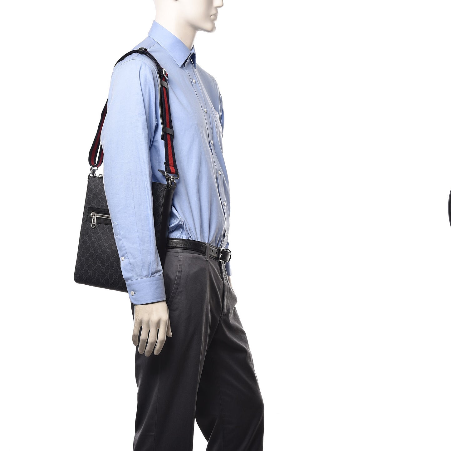 GG Supreme Monogram Appia Calfskin Web Flat Messenger Bag Black Grey