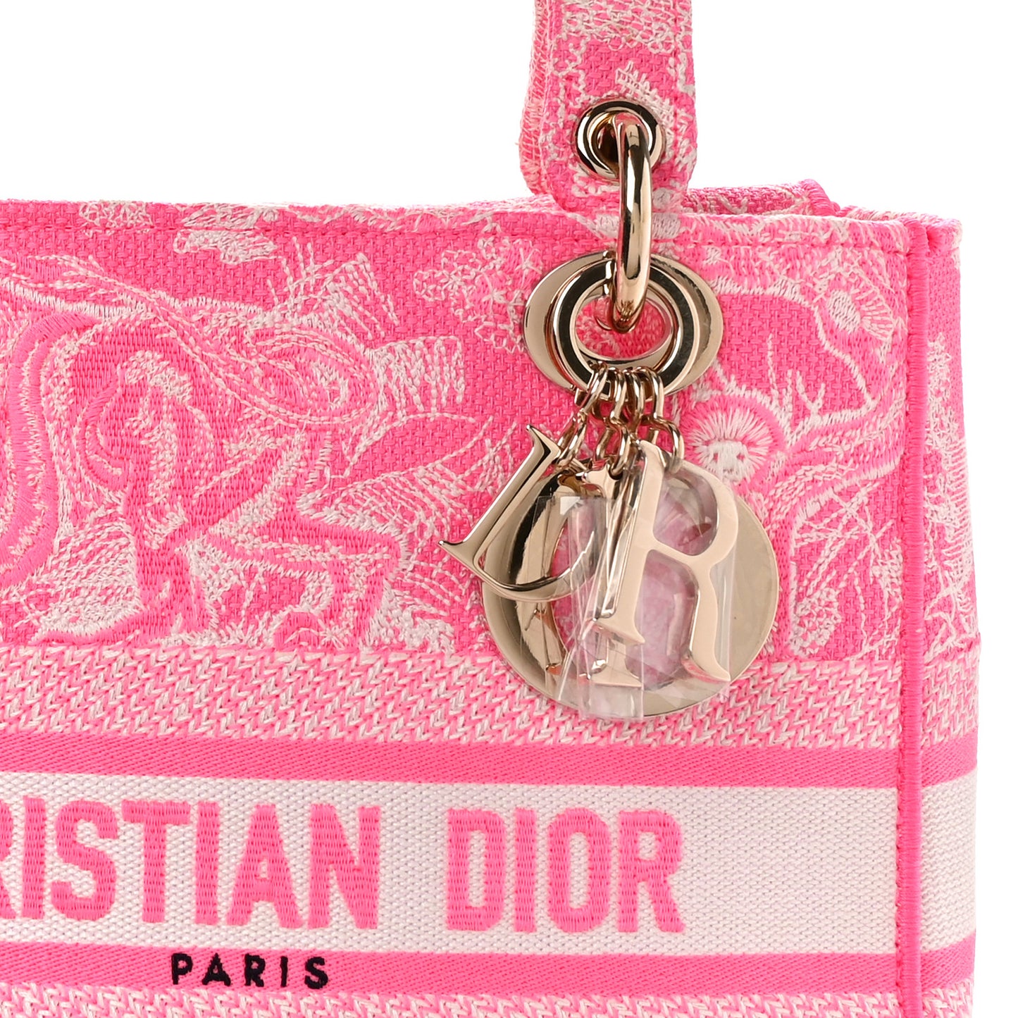 CHRISTIAN DIOR Canvas Toile De Jouy Reverse Embroidered Medium Lady D-Lite Fluorescent Pink
