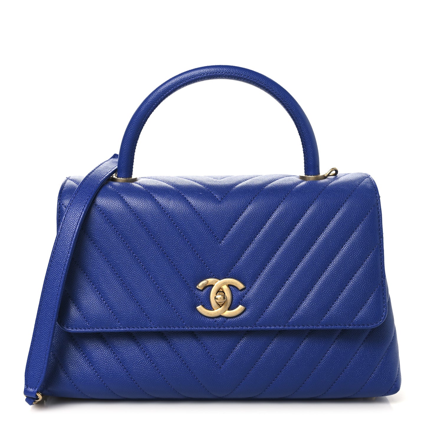 Caviar Chevron Quilted Small Coco Handle Flap Blue