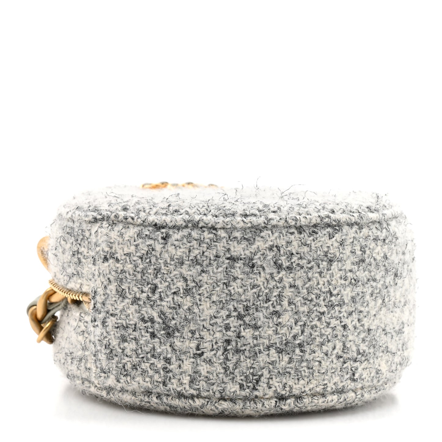 Wool Tweed Lambskin Quilted Chanel 19 Round Clutch With Chain Grey Ecru