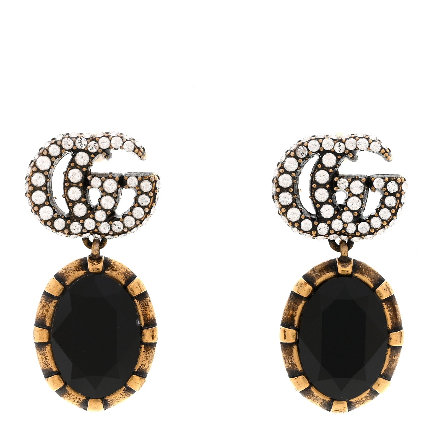 Gucci Metal Crystal Double G Drop Earrings Black Gold 1 of 6