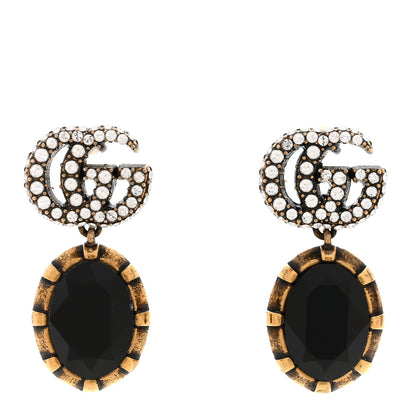 Gucci Metal Crystal Double G Drop Earrings Black Gold 1 of 6