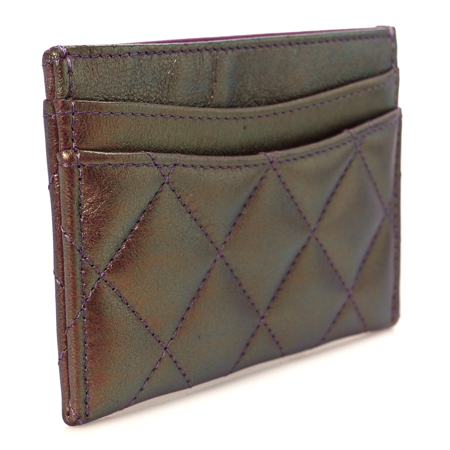 Iridescent Lambskin Quilted Card Holder Purple