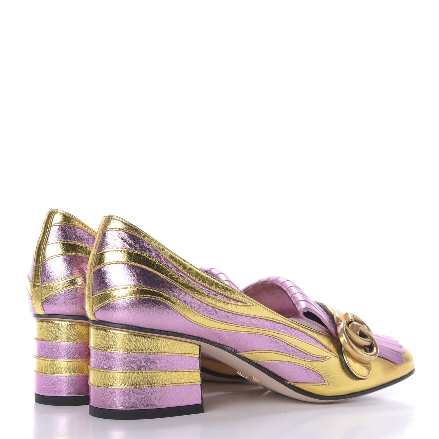 Metallic Nappa Inlay GG Marmont Fringe 50mm Loafer Pumps 36.5 Oro Vecchio Rosa