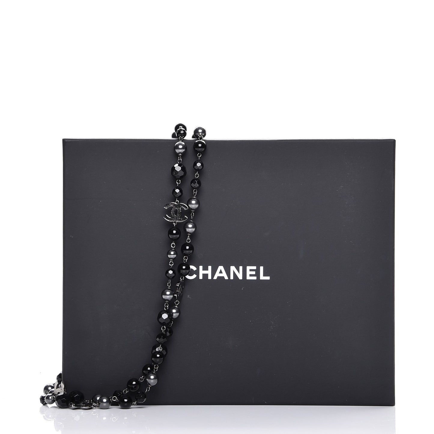 Pearl Bead Enamel CC Long Necklace Silver Black Grey