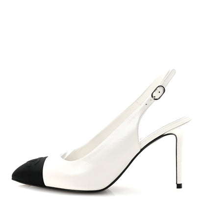 Chanel Goatskin Grosgrain Pointed Cap Toe CC Slingback Pumps 37.5 White Black 1 of 10