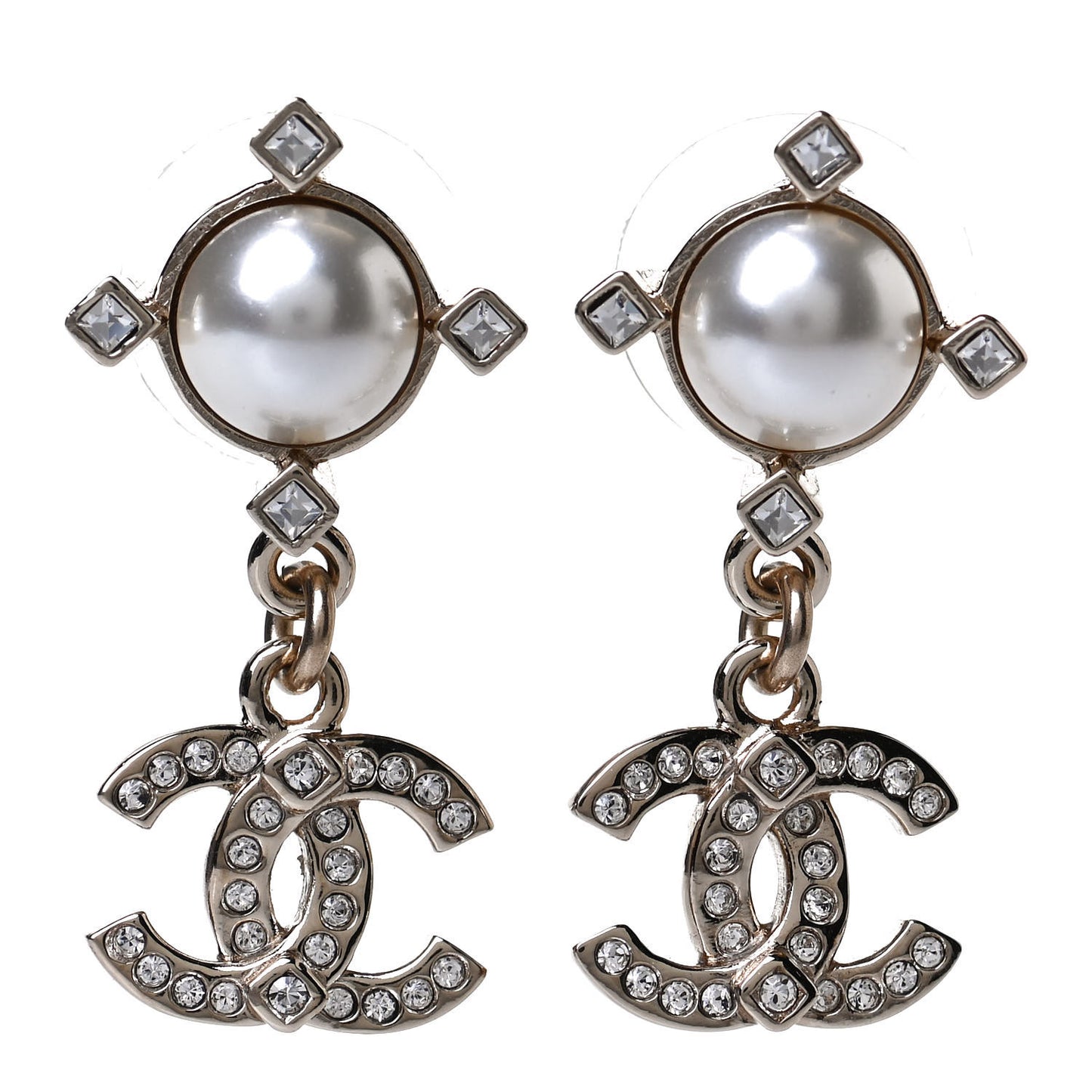 Crystal Pearl CC Drop Earrings Gold