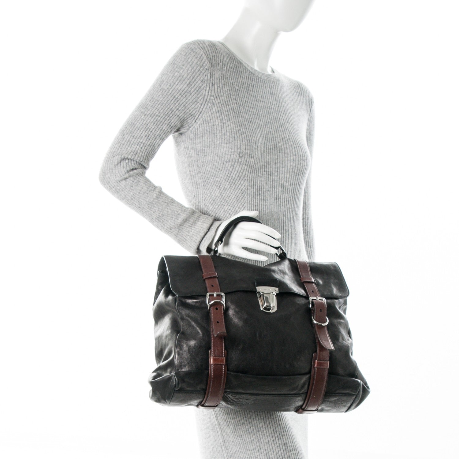 Prada Glace Calf Folding Briefcase Black Teak 2 of 6