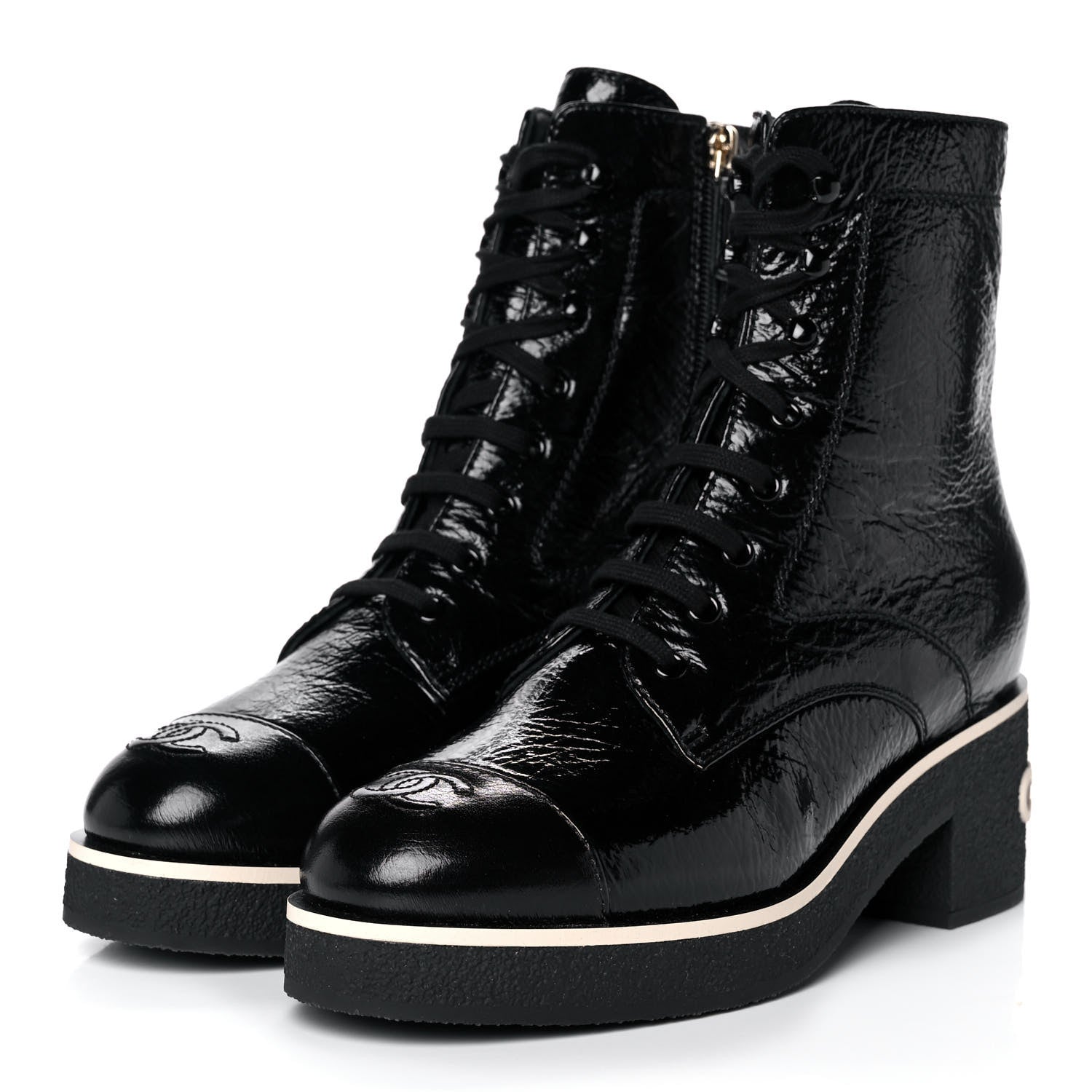 Chanel Shiny Crumpled Lambskin Lace Up Combat Boots 39.5 Black 3 of 10